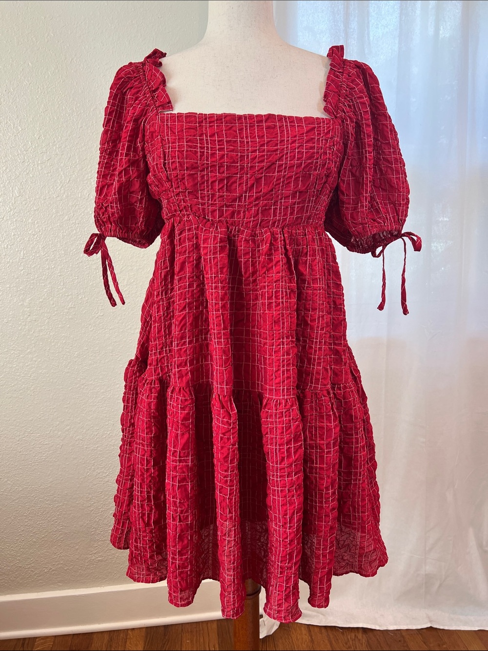 English Factory Red Puff-Sleeve Smocked Midi Dress. Size S. NWOT